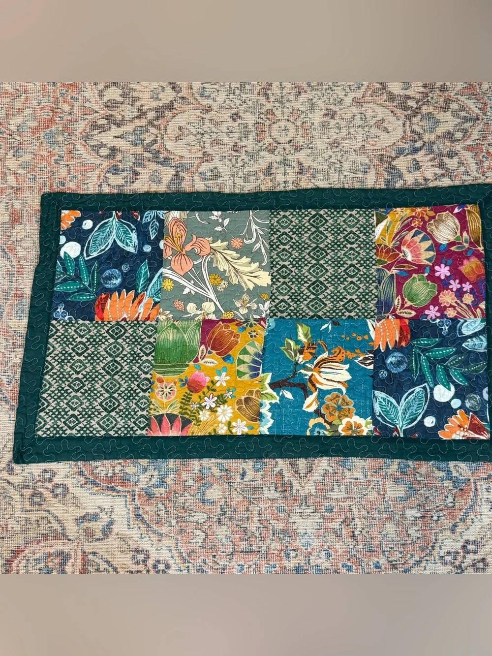 Boho Kantha Style Patchwork Pillow Cover 42x23 Quilted Floral Lumbar Hippie
